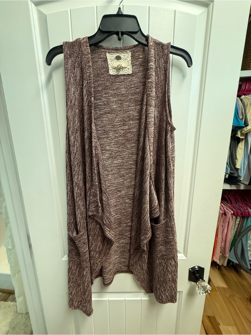 Cupio Anthropologie Brown Marled Knit Draped Open Front Vest Pockets Size M